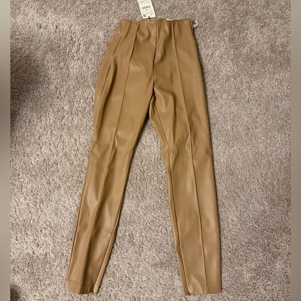 Zara Mid-Rise Tan Leather Straight Leg Pants